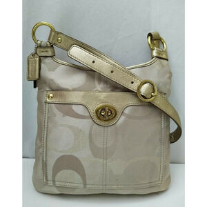 Coach Signature Light Tan Canvas Gold Leather Trim Turnlock Crossbody Bag